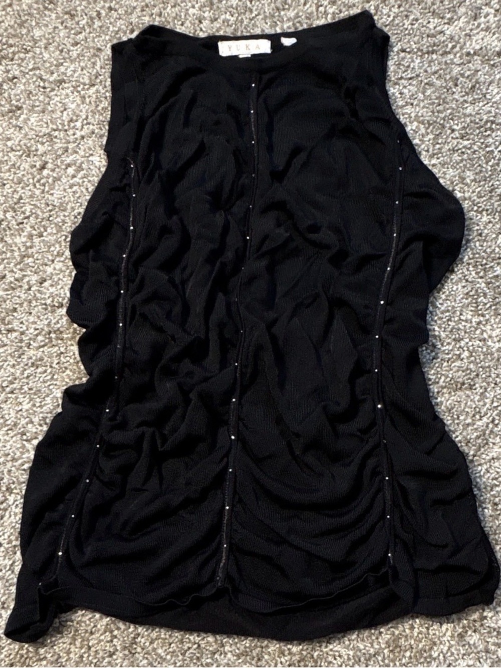 Deadstock Yuka Black Solid Sheer Mesh Rhinestone V-Neck Sleeveless top